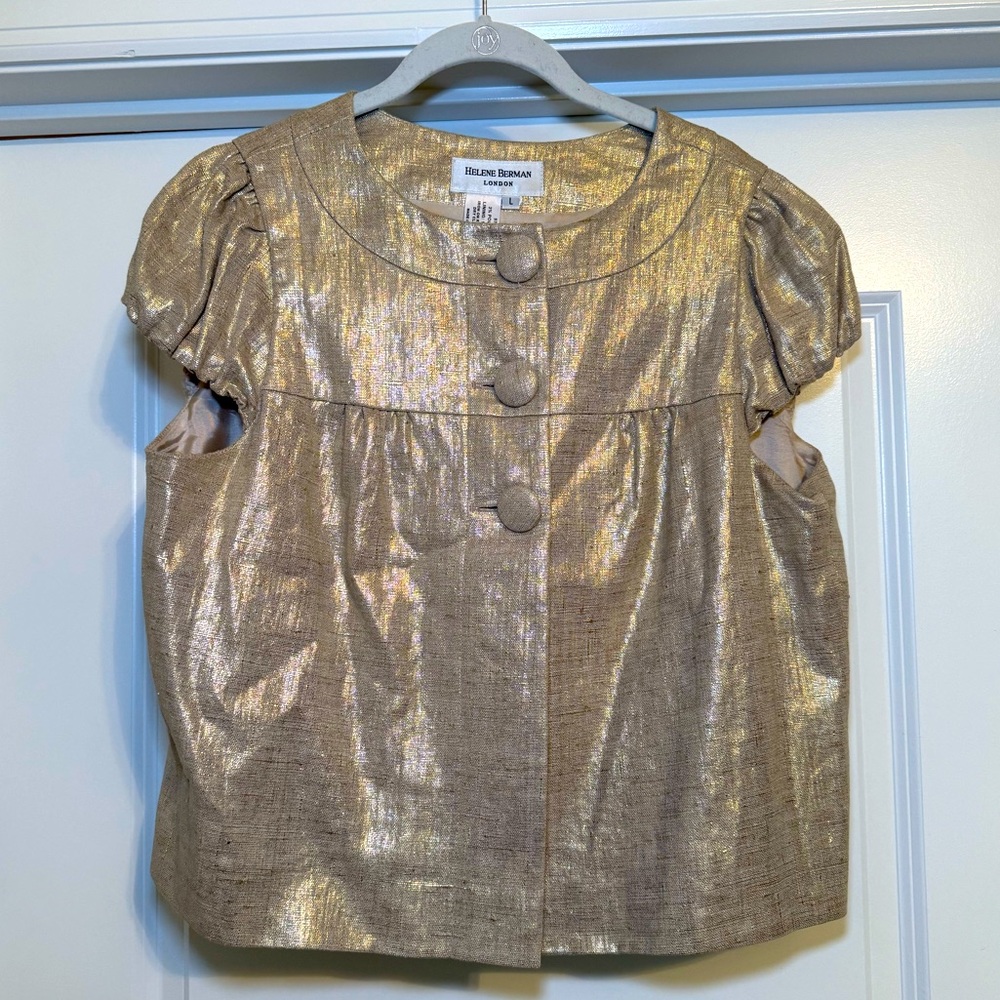 Helene Berman Gold Linen Jacket Short Sleeve Top Size L